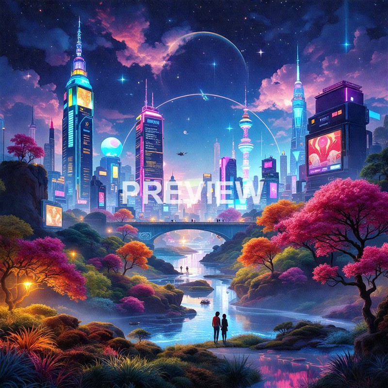 A futuristic cityscape with towering, brightly lit skyscrapers, neon signs, flying vehicles, and a couple walking along a lush, colorful riverside park under a starry, pink-tinged sky with planets and stars visible.